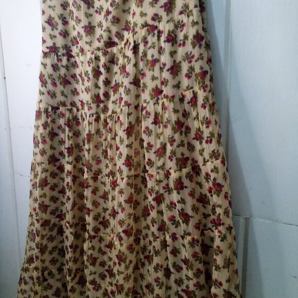 Fire Los Angeles Dress Women M Sleeveless Ruffles Flowing Floral Tan Red - Picture 7 of 14